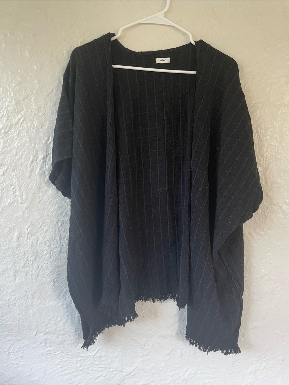 Aerie oversized black pinstripe kimono open front fringe hem, coverup; OS